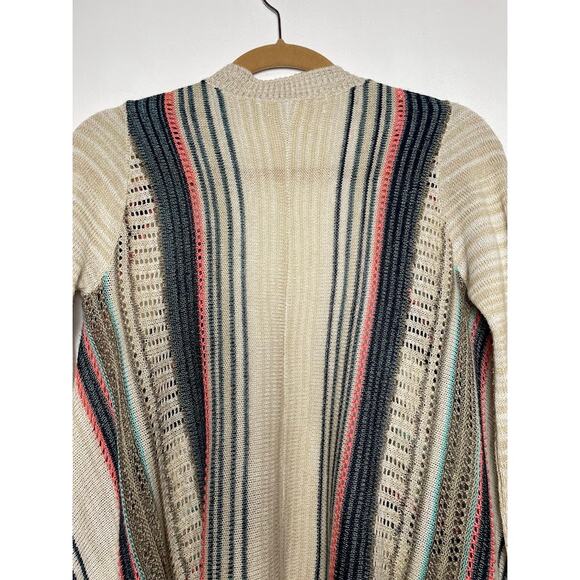 Multicolored Boho Cardigan Womens Medium Open Knit Beige Sweater Striped Top - Picture 7 of 11